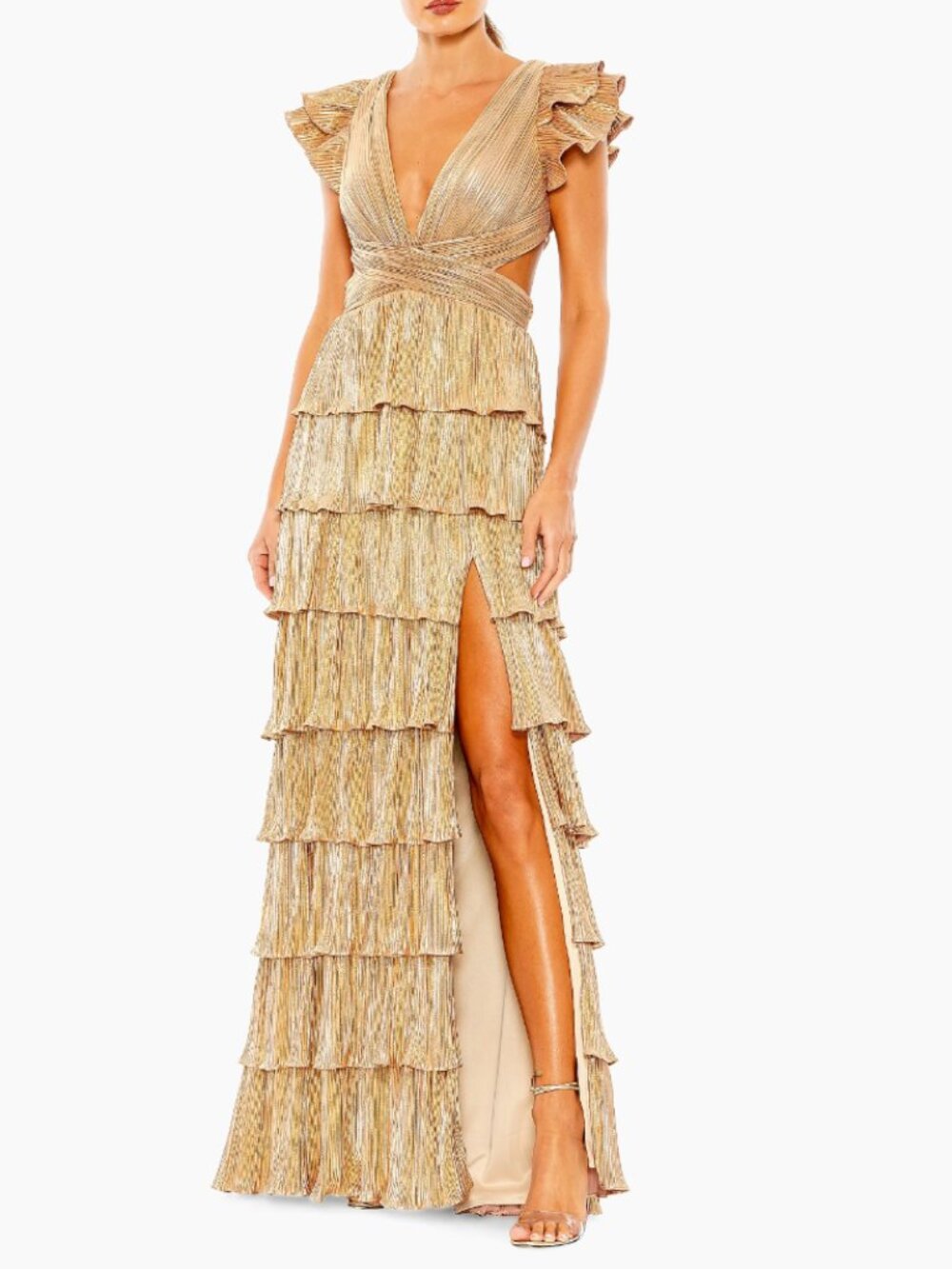 leena for Mac Duggal Metallic Gold Tiered Lace-up Gown | Size 4
